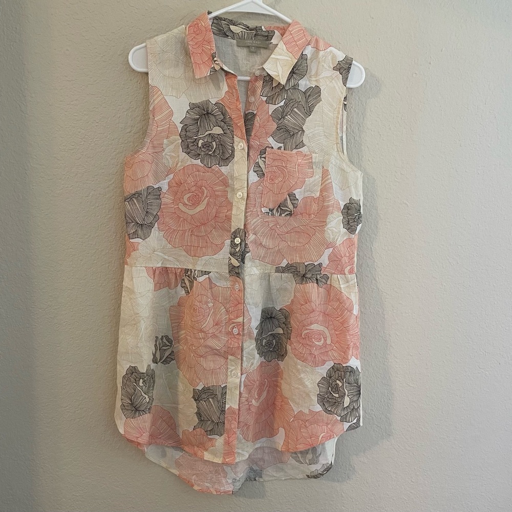 100% Linen Joan Voss Sleeveless High-low button sleeveless Top NWOT Medium